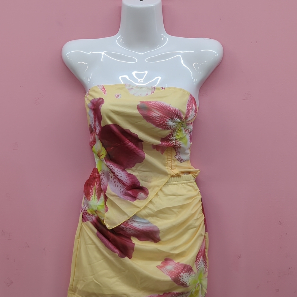 Shein Strapless Dress Yellow with Pink Floral Size XS